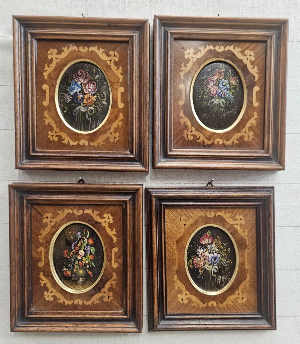 4 dipinti di fiori su rame